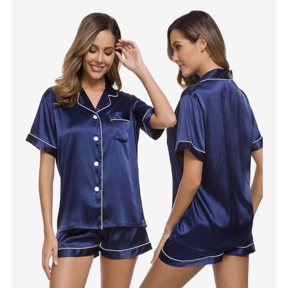 Women Silk Satin Pajamas Set Short Sleeve Button-Down Sleepwear Loungewear Sz XS